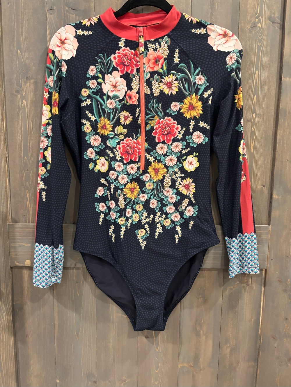 Johnny Was Navy Floral Long-Sleeve One-Piece with Coral Trim
